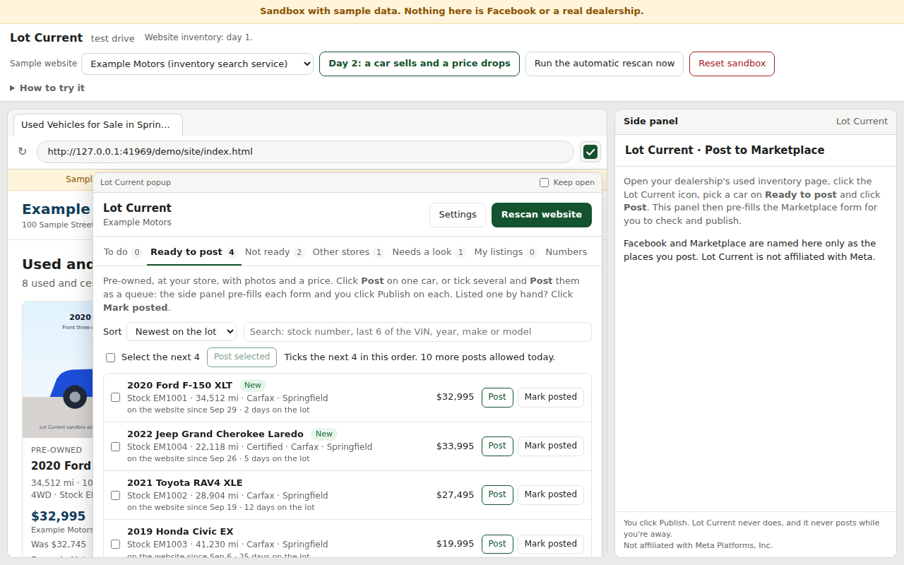 The Lot Current popup over the sample dealership website, on its Ready to post tab: four pre-owned cars with a price and a Post button each, and counts on the To do, Not ready, Other stores and Needs a look tabs.
