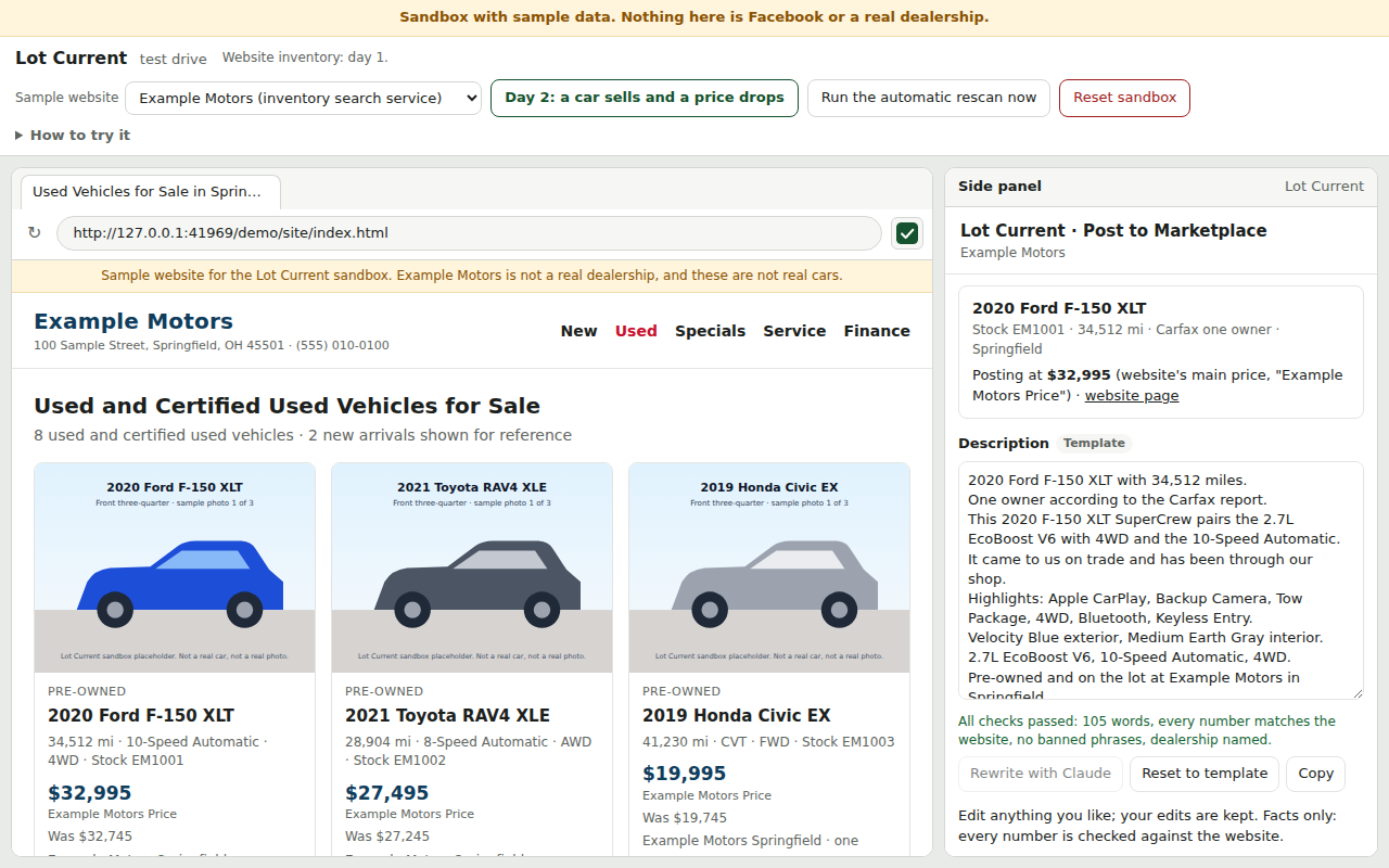 The side panel next to the sample dealership website: the 2020 Ford F-150 XLT re-checked at the website's price, the description written from the website's facts, and the line that all checks passed, every number matching the website and the dealership named.