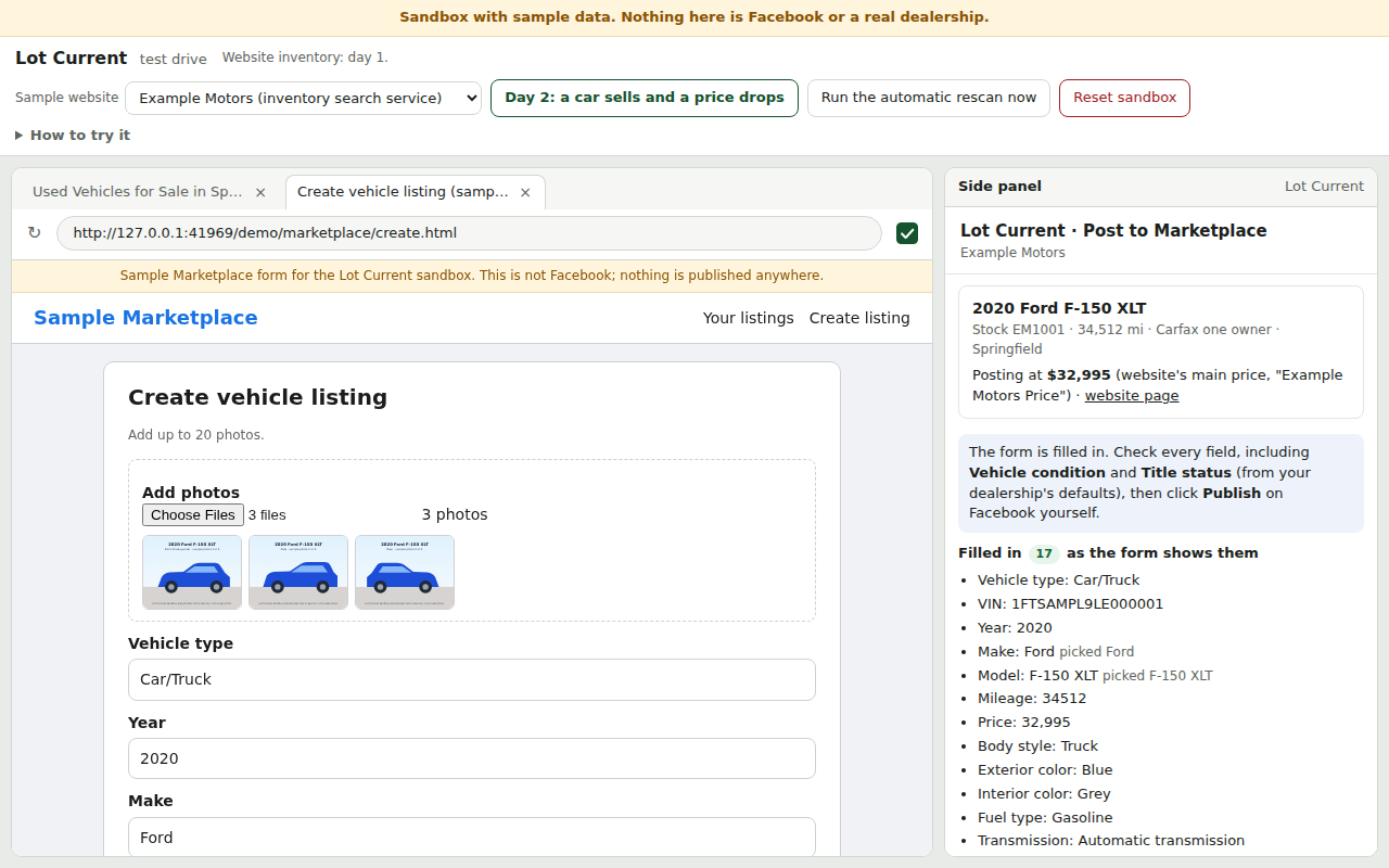 The sample Marketplace form filled in, three photos attached and Vehicle type, Year and Make filled, with the side panel saying the form is filled in, listing the 17 fields it filled and asking the person to click Publish themselves.